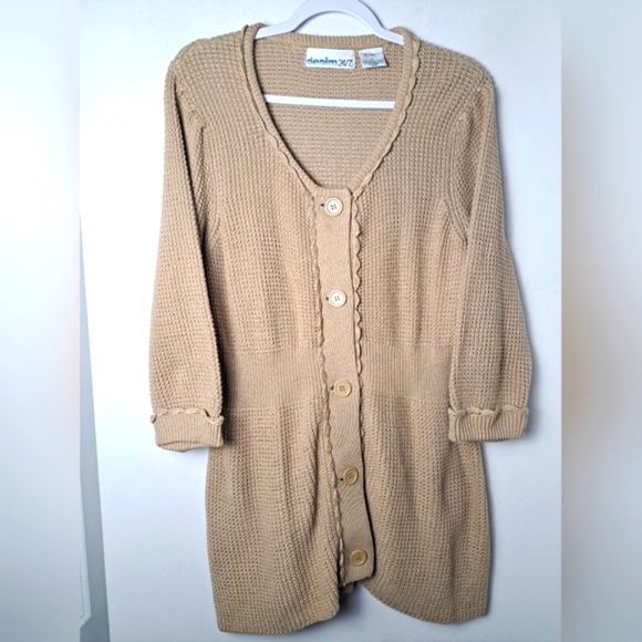 Denim 24/7 Tan Cardigan Long Scallop Trim Button Front Waffle Knit Sz M - Picture 1 of 6